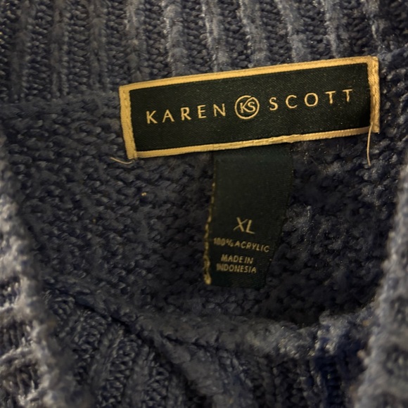 Women’s blue cable-knit granny core preppy sweater mock neck & pearl buttons XL - Picture 3 of 5